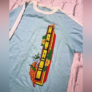 Vintage 1970’s Hawaii Floral Graphic Single Stitch Baby Blue T-Shirt (Fits Small